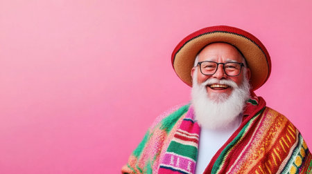 Friendly Mexican Santa Claus in a vibrant poncho and sombrero, celebrating a diverse Christmas with copy space for greetings.の素材