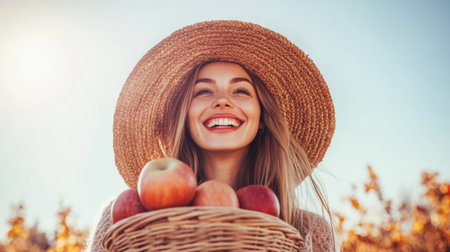 Smiling woman farmer holding a basket of freshly picked apples, set in a picturesque orchard under a clear sky. Harvest and organic farmingの素材