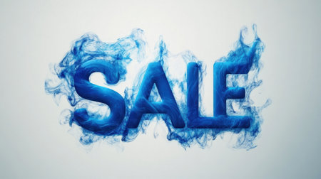 SALE in bold blue letters on a clean white background with swirling dynamic blue smoke. Great for retail promotions and marketing designs.の素材