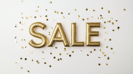 Graceful gold SALE text with dynamic gold confetti on a minimalist white background. Perfect for festive retail campaigns.の素材