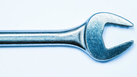 Single shiny steel wrench with an open-end design, centered on a clean white background. Perfect for repair, construction, or maintenance visuals.の素材