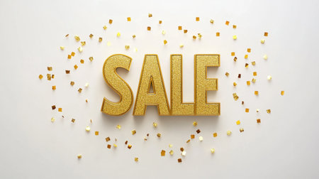 Golden SALE text shines on a clean white canvas, enhanced with glittering gold confetti. Ideal for premium retail and discount banners.の素材