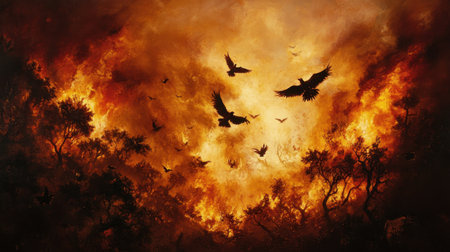 Wildfire tearing through a dense forest, with animals silhouetted in flight against the inferno. Climate crisis representation.の素材