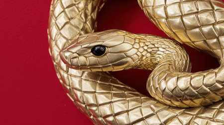 Luxury gold snake intertwined with a blank card, set on a bold red backdrop. Ideal for New Year 2025 marketing templates or celebratory banners.e48の素材