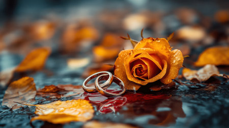 Two intertwined rings on a thorny red rose placed on the ground, with red water trickling out, symbolizing bittersweet love and commitment.の素材