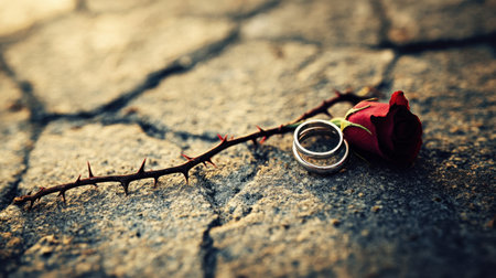 Romantic image of two rings resting on a red rose with sharp thorns, lying on a textured ground, symbolizing love's challenges.の素材