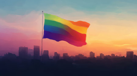 Urban skyline showcasing subtle LGBTQ symbols and pride colors under a twilight sky. Inclusive design with space for messages.の素材