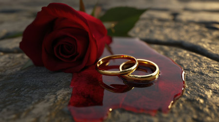 Two golden rings resting on a red rose with sharp thorns, lying on the ground as red water flows out dramatically, symbolizing love and pain.の素材