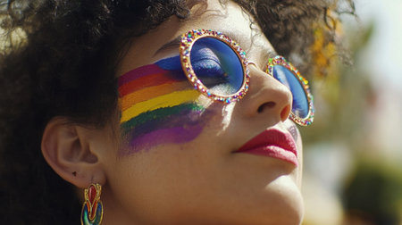 Vivid pride colors in intricate makeup designs on a close-up face, celebrating LGBTQ pride against a soft-focus parade background.の素材
