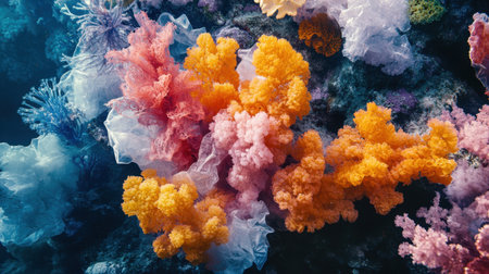 Vibrant coral reef covered with plastic debris, highlighting the devastating effects of ocean pollution on ecosystems.の素材