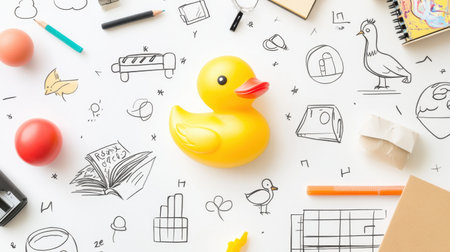'RUBBER DUCK DAY' concept art featuring a cute rubber duck, playful fonts, and lighthearted details on a white backdrop.の素材
