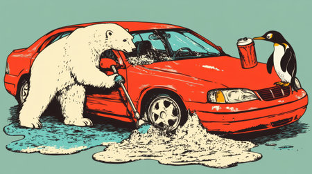 A polar bear cleaning a windshield while a penguin refills the washer fluid.の素材