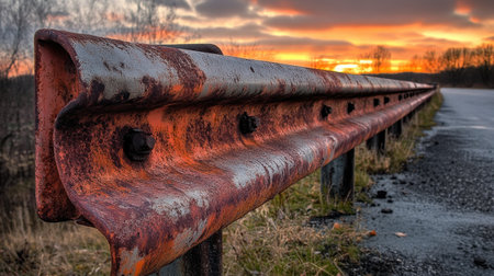 A damaged highway guardrail with sharp edges and rust, contrasting with a bright horizon.の素材