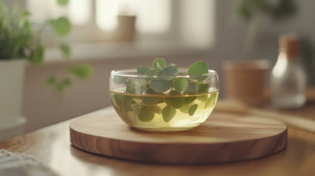 Close-up of fresh eucalyptus sprigs paired with essential oil in a glass container on a polished wooden board.の素材