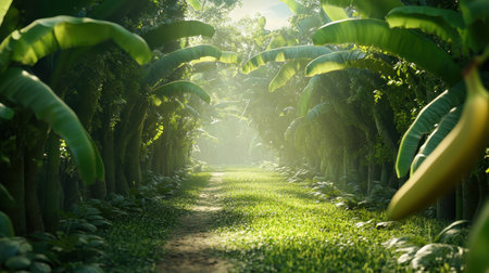 Banana plantation stretching into the horizon, with sunlight filtering through the dense foliage.の素材