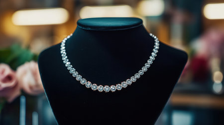 Close-up of a diamond necklace on a black velvet display in a luxury jewelry boutique.の素材