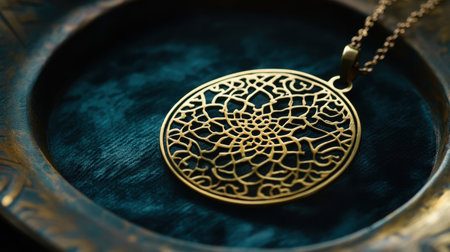 Close-up of a gold pendant necklace with intricate detailing displayed on a velvet tray.の素材