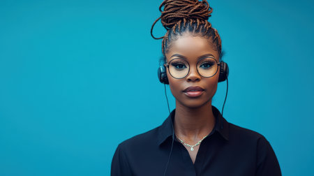 Focused female customer service operator wearing a headset, working against a vibrant blue backdrop.の素材