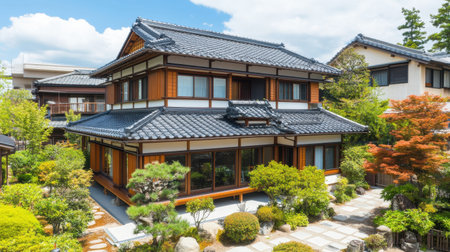 Close-up view of a house roof with steel shingles designed to resemble clay tiles under a bright sky.の素材