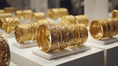 Collection of gold bangles with intricate detailing arranged on a white leather stand.の素材