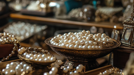 Glass showcases filled with pearl and gemstone jewelry in a high-end boutique setting.の素材