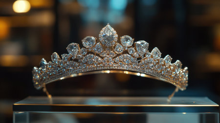 Diamond tiara displayed under focused lighting in a luxurious boutique setting.の素材