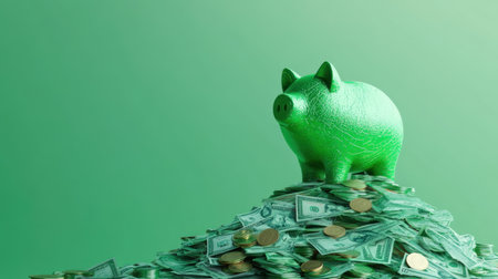 Elegant green piggy bank on a luxurious pile of cash and coins, a perfect visual for wealth and financial growth concepts.の素材