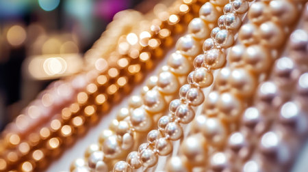 Pearl necklaces elegantly draped over a white satin display in a high-end boutique.の素材