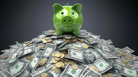 Vivid green piggy bank perched on a large pile of cash and coins, symbolizing wealth and financial success.の素材