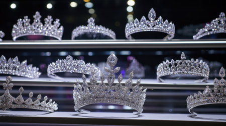 High-end boutique display of diamond tiaras and luxury jewelry sets under bright lights.の素材