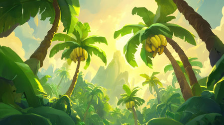 Lush green banana plantation with tall trees and ripe banana clusters under a bright tropical sky.の素材