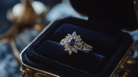 Sapphire and diamond-studded gold ring displayed in a luxurious black velvet box.の素材