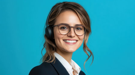 Smiling young woman with a professional headset, engaging in conversation against a bright blue background.の素材