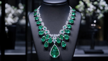 Luxury necklace with emerald and diamond accents showcased against a sleek black stand.の素材