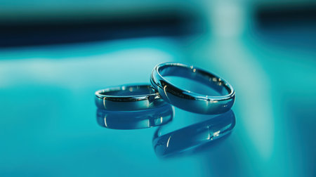 Modern display of platinum wedding bands with small diamonds on a minimalist background.の素材