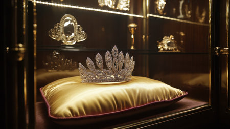 Opulent diamond tiara on a satin cushion in a luxury boutique display case.の素材