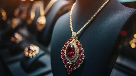 Showcase filled with gold and ruby jewelry, beautifully lit in a luxurious jewelry store.の素材