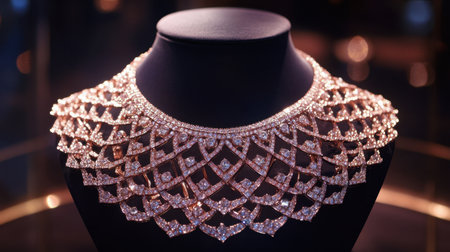 Rose gold and diamond necklace displayed elegantly in a high-end boutique setting.の素材