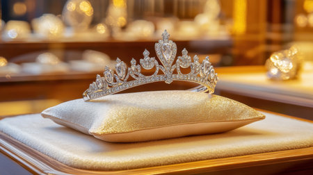 Opulent diamond tiara on a satin cushion in a luxury boutique display case.の素材