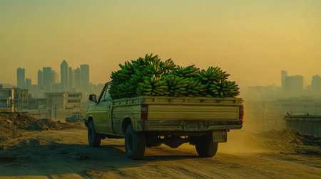 Pickup truck piled high with vibrant green bananas driving on a dusty path toward the city.の素材
