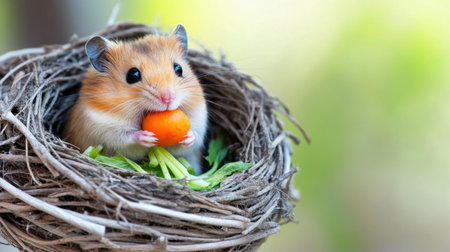 Small, cute hamster eating fresh vegetables, sitting in a cozy nest with blank space for informational text.の素材