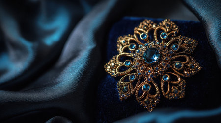 Sapphire-studded brooch with intricate gold detailing displayed on a velvet pad.の素材