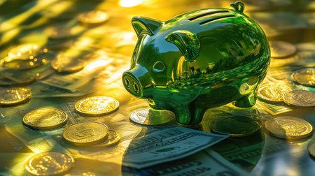 Vivid green piggy bank perched on a large pile of cash and coins, symbolizing wealth and financial success.の素材
