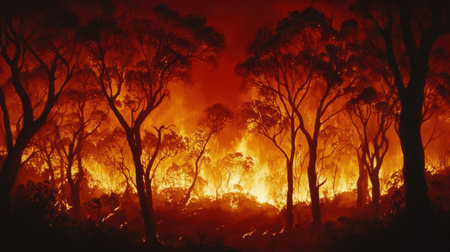 Wildfire in a dense forest, with silhouettes of burning trees against a fiery red horizon.の素材