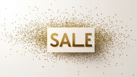 Elegant gold SALE text on a pristine white background, adorned with shimmering gold confetti for luxury retail promotions.の素材