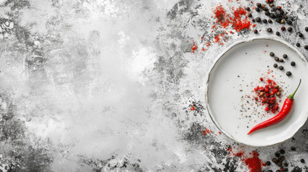 Flat lay of a vibrant red chili pepper on a rustic plate surrounded by peppercorns, styled on a grey textured background with copy space.の素材