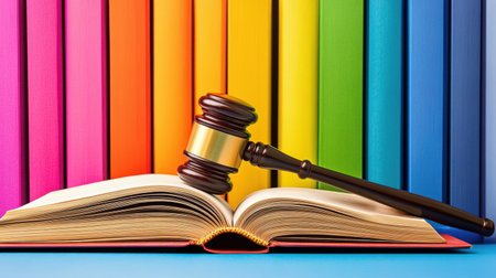 Legal equality visual: a judge's gavel, open book, and a bright rainbow bookmark, emphasizing LGBT rights and inclusion in justice.の素材