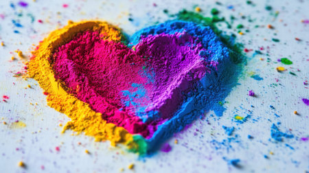 Bright Holi powders forming a heart shape on a smooth white table, symbolizing love and unity during the festival.の素材