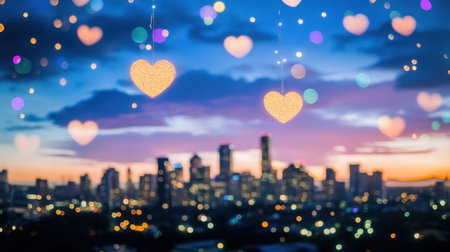 A city skyline adorned with LGBTQ pride symbols and rainbow lighting, set against a twilight sky with space for inclusion messages.の素材