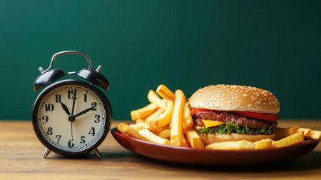 Clock ticking beside a plate of fast food, illustrating the connection between time and dietary choices.の素材